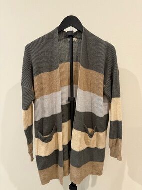 debut Striped Knit Cardigan in Gray, Cream & Tan